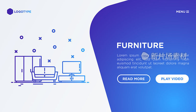 Interior web page template with thin line icons of furniture: sofa, wardrobe, TV stand. Vector illustration on gradient background.
